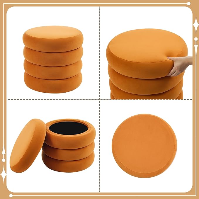 Flouki 20.1" Storage Ottoman Round, Vanity Stools for Bedroom, Entryway Ottoman for Console Table, Ottoman Stool for Girls Women, Foot Stool for Living Room, Set of 2, Velvet Orange