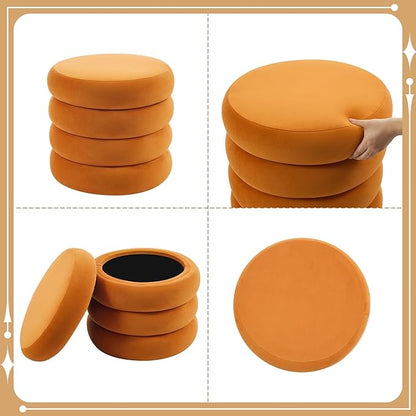 Flouki 20.1" Storage Ottoman Round, Vanity Stools for Bedroom, Velvet Pouf Ottoman with Removable Lid, Modern Ottoman Stool for Girls Women, Foot Stool for Living Room, Orange