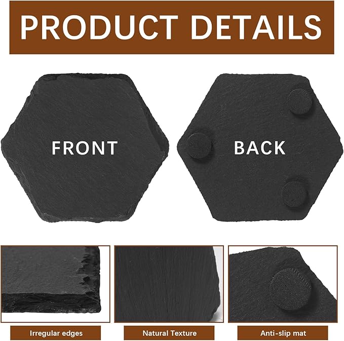 48PCS Slate Coasters for Laser Engraving, 4inch Black Beverage Coasters for Hand Painting, Non-Slip Bottom Mat, Home Office Kitchen Gift Wedding Bar Party(Hexagon)