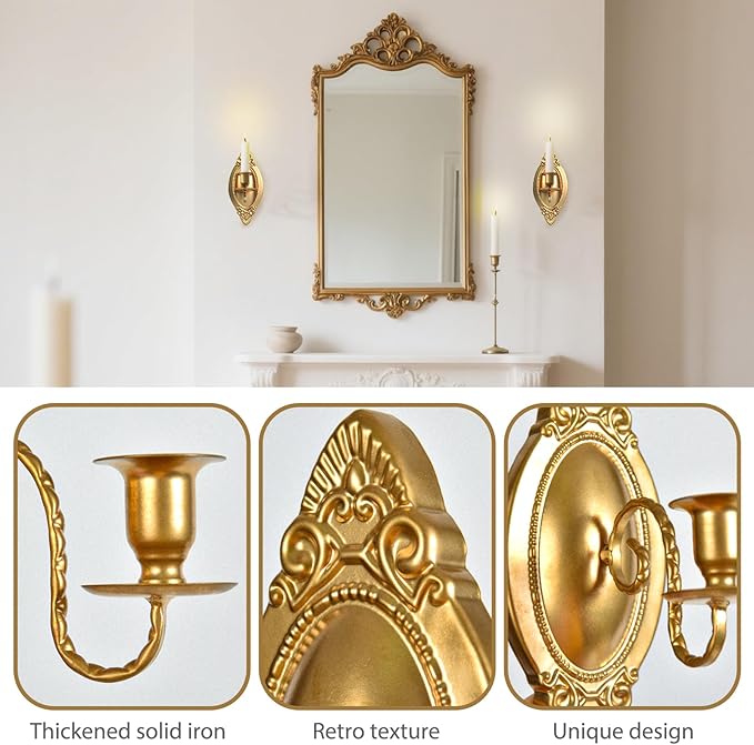 Gold Candle Sconces Set of Two, Brass Color Victorian Royal Wall Sconce, Metal Rustic Candle Holder Baroque Home Wall Decor for Living Room, Dining Room, Bedroom, Fireplace, Hallway, Window