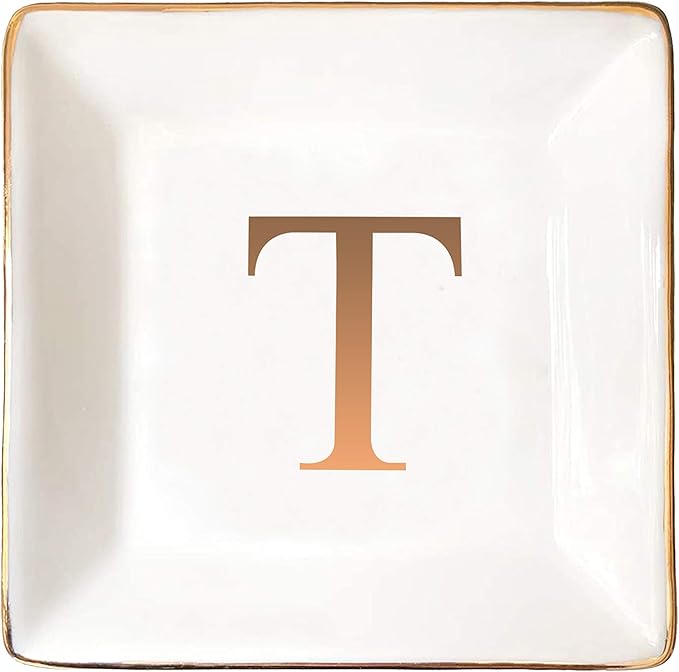 ANOTION Jewelry Tray Ring Dish with Ini-tial Gift- Personalized Trinket Dish and Jewelry Dish with Gold Initials Key Bowl Ceramic Holder, Unique Wedding or Engagement Present
