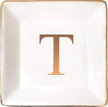 ANOTION Jewelry Tray Ring Dish with Ini-tial Gift- Personalized Trinket Dish and Jewelry Dish with Gold Initials Key Bowl Ceramic Holder, Unique Wedding or Engagement Present