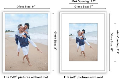Americanflat 9x12 Picture Frame with Shatter-Resistant Glass - Use as 6x8 Frame with Mat or Display 9x12 Photo Without Mat - Streamline Collection - Picture Frames for Tabletop and Wall - White