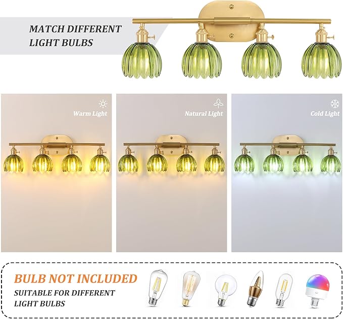 Bathroom Light Fixtures, 4-Light Brass Vanity Wall Light Over Mirror with Green Tulip Glass Shade for Bedroom Living Room (Bulb Not Included)