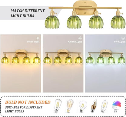Bathroom Light Fixtures, 4-Light Brass Vanity Wall Light Over Mirror with Green Tulip Glass Shade for Bedroom Living Room (Bulb Not Included)