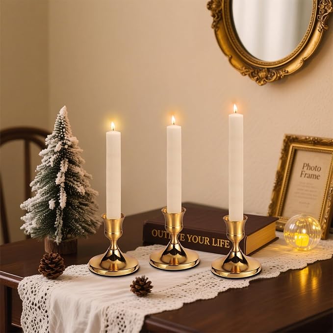 4 Pcs Brass Gold Taper Candle Holders, Vintage Metal Candlestick Holders Set for Dining Table, Wedding & Party Centerpiece Decor, Fits Standard Taper Candles, Mantel & Home Decorations