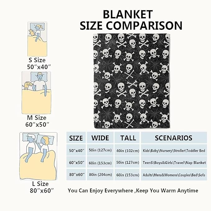 Skull and Crossbones Blanket Halloween Holiday Decor Gothic Spooky Skeleton Black Throw Gifts Lightweight Soft Fleece Spider Web Blankets for Creepy Fall Vibe Horror Goth Decoration 60x80in