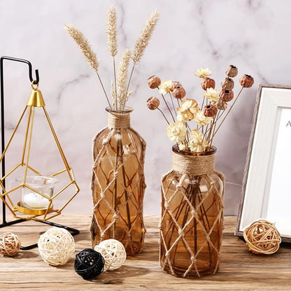 Chuangdi Set of 2 Coastal Glass Vases Christmas Vases for Flowers with Boho Rope Christmas Centerpieces for Tables Small Beach Bottle for Nautical Wedding Floral Arrangement Decorations(Light Brown)