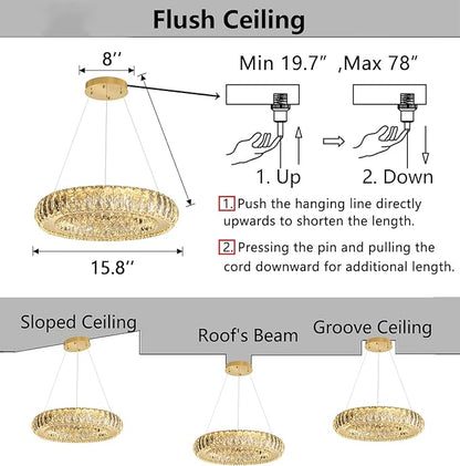 Modern Chandelier Crystal LED Dimmable Ring Pendant Lights Adjustable Hanging Lighting Chandeliers Fixtures for Dining Room Bedroom Kitchen Island Table Gold Light