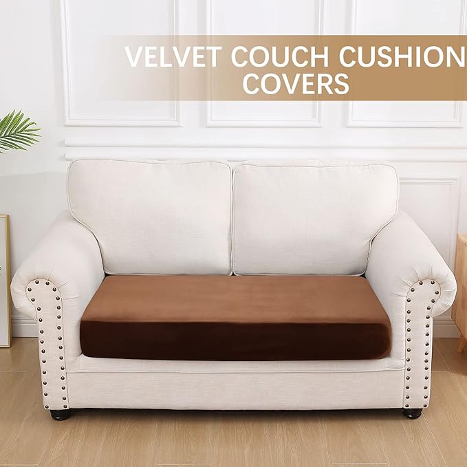hyha Velvet Couch Cushion Covers, Soft Sofa Seat Covers for sectional 2 Cushion Couch Washable, Magic Sofa Slipcover with Elastic Bottom, Non-Slip Furniture Protector for Pets, Kid(Medium, Brown)