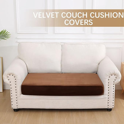 hyha Velvet Couch Cushion Covers, Soft Sofa Seat Covers for sectional 2 Cushion Couch Washable, Magic Sofa Slipcover with Elastic Bottom, Non-Slip Furniture Protector for Pets, Kid(Medium, Brown)