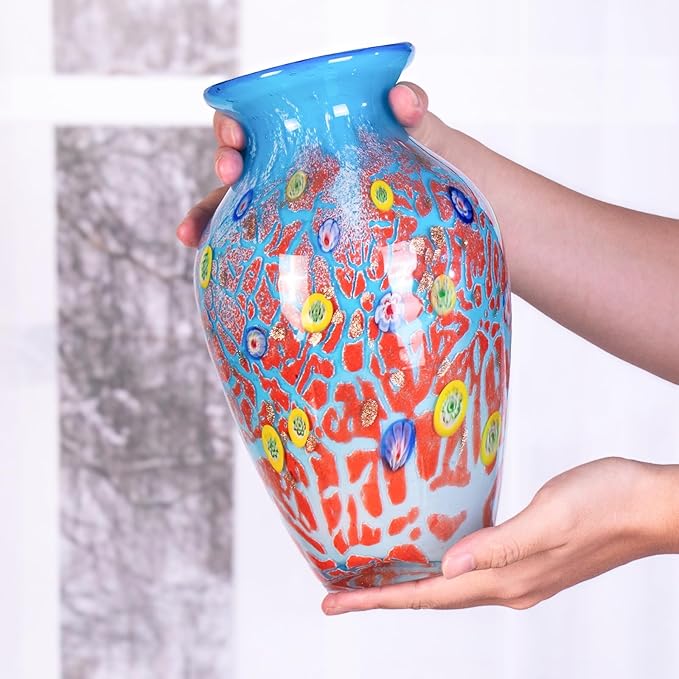 Glass Vases for Flower, Unique Hand Blown Blue Glass Vase, Modern Art Decorative for Home Living Room, Office, Table centerpieces, Bookshelves and Wedding Decorations (JG32)