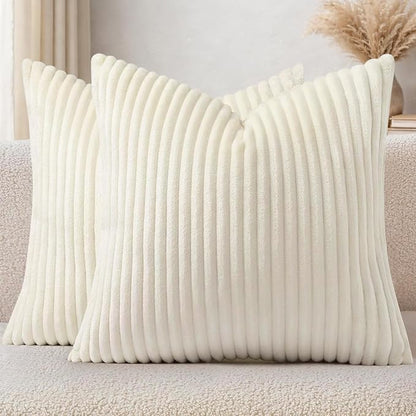 Simmore Decorative Spring Throw Pillow Covers 16x16 Set of 2, Soft Natural Plush Flannel Double-Sided Fluffy Couch Pillow Covers for Sofa Living Room, Cream White