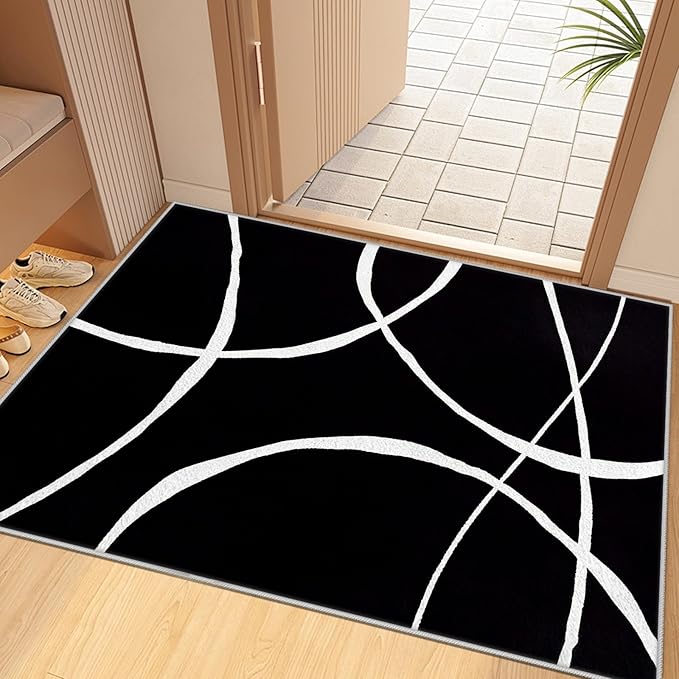 Black and White Rugs, Abstract Rug, Modern Minimalist Rug, Curved Line Design Carpet, Black and White Abstract Rugs Washable Non Slip for Living Room Home Decor 3x5