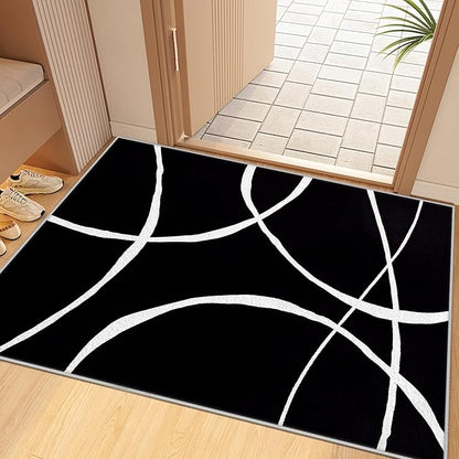 Black and White Rugs, Abstract Rug, Modern Minimalist Rug, Curved Line Design Carpet, Black and White Abstract Rugs Washable Non Slip for Living Room Home Decor 3x5
