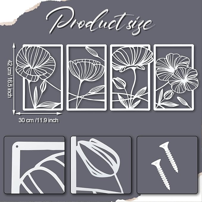 Cunno 4 Pcs Metal Wall Art 16.5 x 11.8'' Line Art Wall Decor Floral Minimalist Decor Hanging Flower Aesthetic Modern for Living Room Bedroom Bathroom Kitchen Decoration(White)