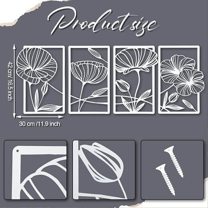 Cunno 4 Pcs Metal Wall Art 16.5 x 11.8'' Line Art Wall Decor Floral Minimalist Decor Hanging Flower Aesthetic Modern for Living Room Bedroom Bathroom Kitchen Decoration(White)