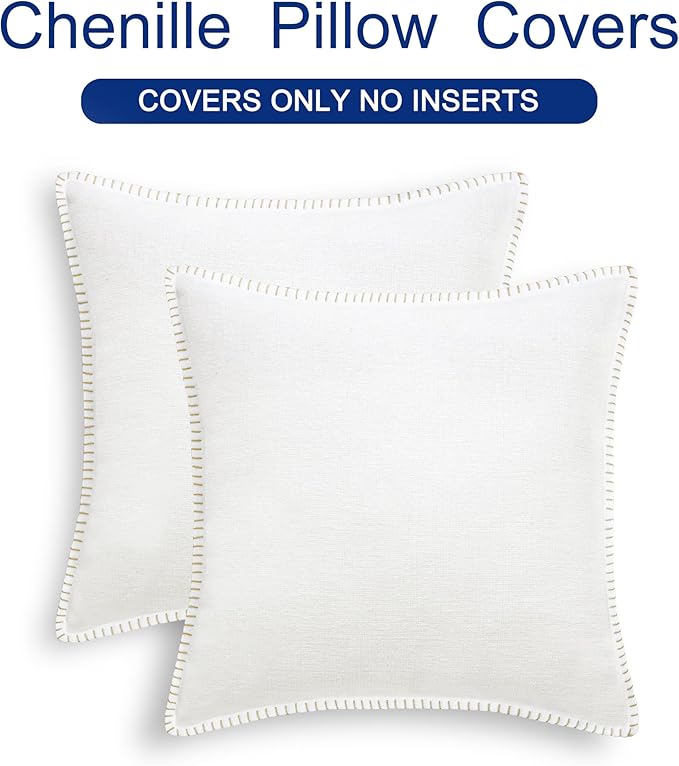 CaliTime Throw Pillow Covers Decorative 16 X 16 Inches Pack of 2 Cotton Thread Stitching Edges Solid Dyed Soft Chenille Cushion Cases for Couch Sofa Bed Living Room Farmhouse True White