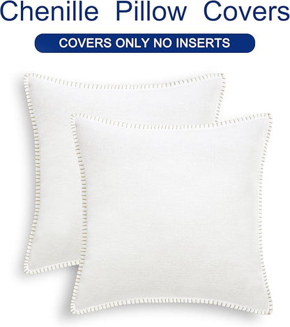 CaliTime Throw Pillow Covers Decorative 22 X 22 Inches Pack of 2 Cotton Thread Stitching Edges Solid Dyed Soft Chenille Cushion Cases for Couch Sofa Bed Living Room Farmhouse True White