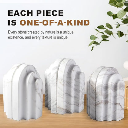 Natural Marble Book Ends - Heavy Duty Bookends for Shelves - Aesthetic Layered Arch Design Stone Book Holders, Modern Office Bookshelf Stopper Decor for Books/CDs (Volakas)