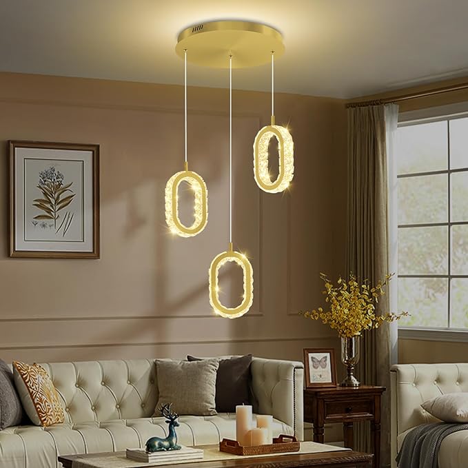Dimmable Oval Ring Pendant Light Modern LED Crystal Ring Chandelier for Dining Room Bedroom Living Room Pendant Lights for Kitchen Island Adjustable 3-Light Gold