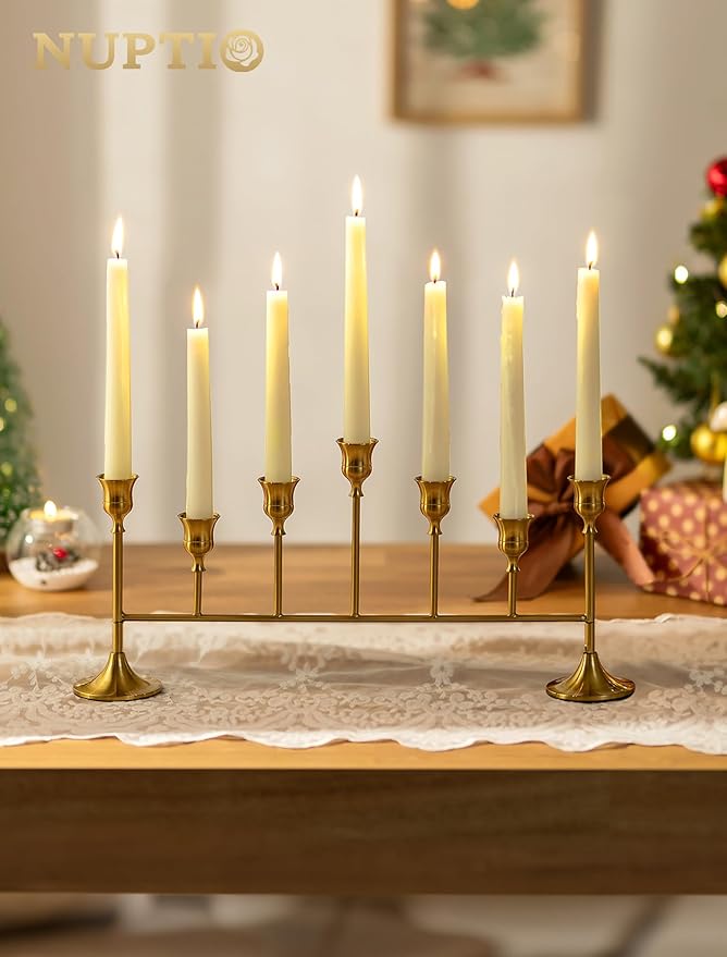 NUPTIO Gold Candle Holders for Centerpiece: Brass Taper Candelabra for Candles Sticks - Long Taper Candleholder Set of 2 for Christmas Birthday Party Fireplace Table Decor