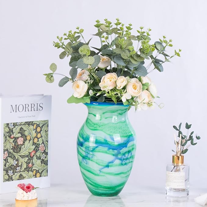 Glass Vases for Flower, Unique Hand Blown Green Glass Vase, Modern Art Decorative for Home Living Room, Office, Table centerpieces, Bookshelves and Wedding Decorations (JG33)