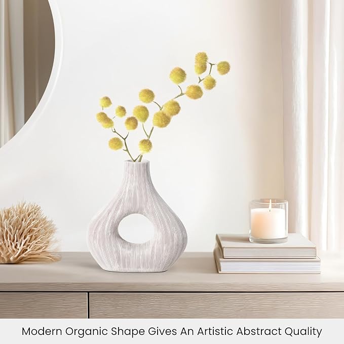 Torre & Tagus White Donut Vase for Flowers - 9 Inch Tall Textured Vases for Centerpieces, Sculptures Home Decor & Abstract Sculptures Home Decor for Shelf Decor Aesthetic (Alma White Flower Vase)