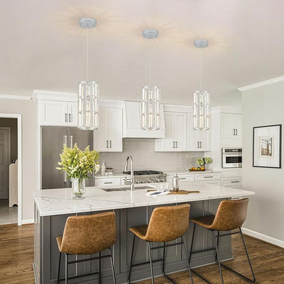 Chrome Pendant Lighting, Modern Crystal Mini Pendant Light Fixture, Adjustable 3-Pack Chandeliers for Kitchen Island, Dining Room, Bedroom