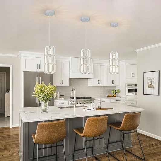 Chrome Pendant Lighting, Modern Crystal Mini Pendant Light Fixture, Adjustable 3-Pack Chandeliers for Kitchen Island, Dining Room, Bedroom