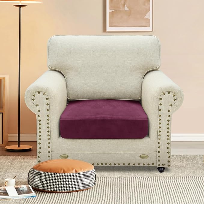 MAXIJIN Velvet Stretch Cushion Cover Fitted Couch Cushion Slipcovers 1 Pack Arm Chair Seat Cushion Cover for Individual Cushion Sofa Chair with Elastic Bottom (1 Piece Seat Cover, Wine Red)