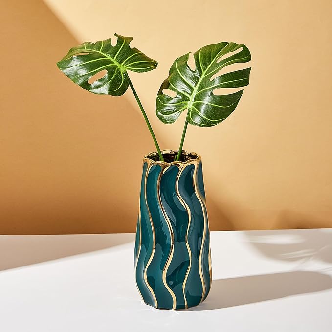 Ceramic Vase, Green Vase for Home Decor,Decorative Flower Vase, Vertical Stripe Ceramic Vases for Home Décor, Bedroom, Office, Living Room, Bathroom, Tabletop Decor, Centerpiece (Green)