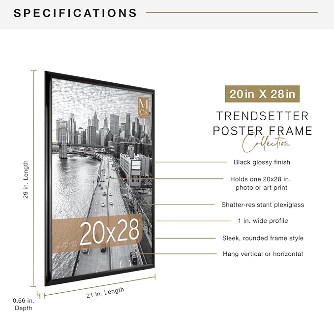 MCS Trendsetter 20x28 Poster Frame Black High-Gloss, Vertical & Horizontal Wall Hanging Large Picture Frame for Photos, Posters & Art Prints (1-Pack)