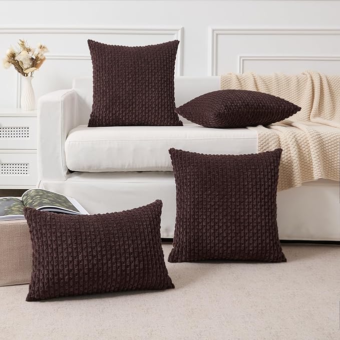 Kevin Textile Decorative Pillow Covers Set of 2 Striped Plush Corduroy Pillows Pillowcases Boho Home Decor Cushion Covers for Couch Sofa Bed Living Room 16x16 Inch, Coffee