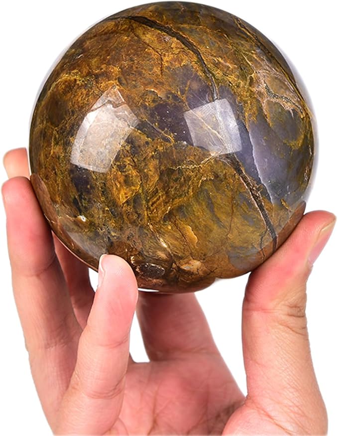 JIC Gem Large Blues and Golden Browns Crystal Sphere with Stand Pietersite Crystal Ball Sphere Gemstone Decorative Ball for Home Decor Altar Reiki Feng Shui Crystal Gift 80-90mm