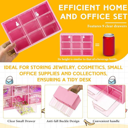 Wenqik 2 Pcs Mini Storage Drawers Teacher Toolbox Organizer with 9 Clear Drawers Small Plastic Desktop Teacher Desk Craft Organizer for Classroom Office 7" x 3. 9" x 4. 7"(Rose Red)