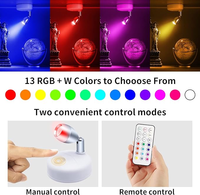 Small Spotlight Battery Operated Accent Light with Remote, RGB LED Wireless Little Spot Light Rotatable with Dimmer & Timer for Artwork Painting
