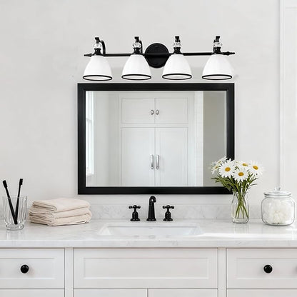 ANDY STAR Vintage Bathroom Light Fixture, 4-Light Vanity Lights, 28 inch Farmhouse Wall Sconces, Black Wall Lamp with Milky Glass, Well-Made Bathroom Lighting Fixtures Over Mirror for Living Room
