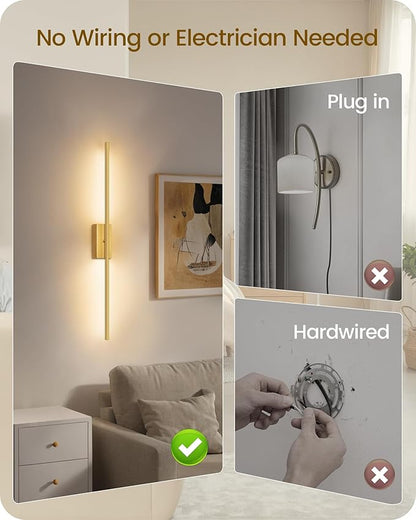 34.6" Wireless Battery Operated Wall Sconces Set of Two,Rechargeable Lamp with Remote, 360° Rotation, 10000mAh Battery, Touch Dimmable Lights for Living Room Hallway Bedroom, Gold D05YBP205