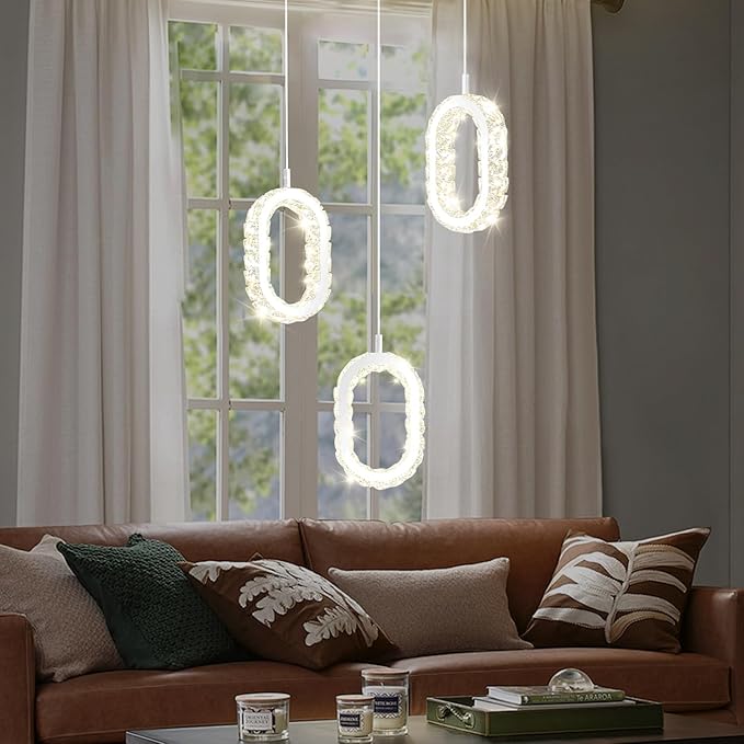 Oval Ring Chandelier Modern LED Dimmable Crystal Pendant Light for Kitchen Island Crystal Ring Chandelier for Dining Room Bedroom Living Room 3-Light Silver
