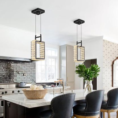 Kitchen Island Mini Light Fixture Modern Led Crystal Pendant Light Black Rectangle Chandelier for Dining Room Living Room Kitchen Bedroom Bar（1-Pack）
