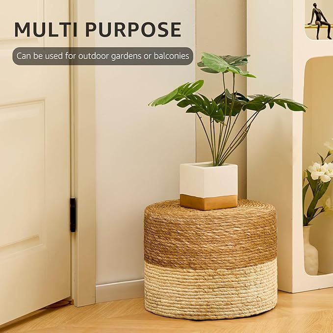 Wimarsbon Round Pouf Ottoman, Natural Hand Knitted Footrest Poof, Rustic Lounge Pouffe, Boho Pous Foot Stool, Accent Table or Seat (Natural Cattail, 15.7 * 15.7 * 11.8)