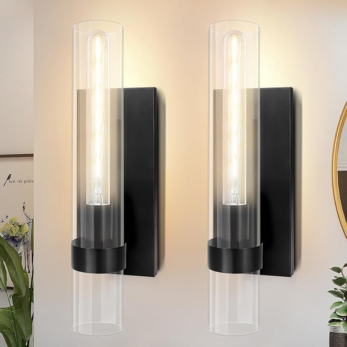 Wall Sconces Set of Two, 18" Black Bathroom Sconces with Clear Glass, Hardwired Modern Sconces Wall Decor Set of 2 Wall Light Fixtures for Bathroom Bedroom Living Room Mirror Hallway
