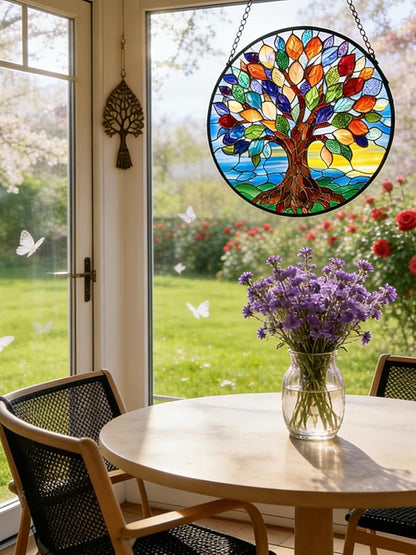 Stained Glass Window Hanging, Colorful Tree of Life Suncatcher for Door Home Decor, Glass Panel Sunrise Sun Catcher Ornament Mother's Day Birthday Gifts for Women Men Mom 7.8 in