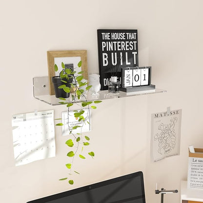 Sezanrpt 9 Inches Acrylic Wall Shelves 2 Pack, Floating Shelf for Wall Mounting, Acrylic Display Ledges for Funko Pop Figures, Home Décor, Living Room, Gaming Room, Plants(9 inch, Clear)