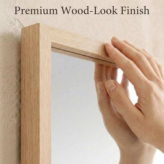 24" x 36" Natural Wood Tone Wall Mirror for Entryway & Bath, Waterproof Boho Decor Mirror, Scandi Oak Texture Vanity Mirror for Over Sink, Standard Trim