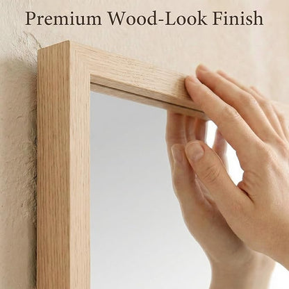 24" x 36" Natural Wood Tone Wall Mirror for Entryway & Bath, Waterproof Boho Decor Mirror, Scandi Oak Texture Vanity Mirror for Over Sink, Standard Trim