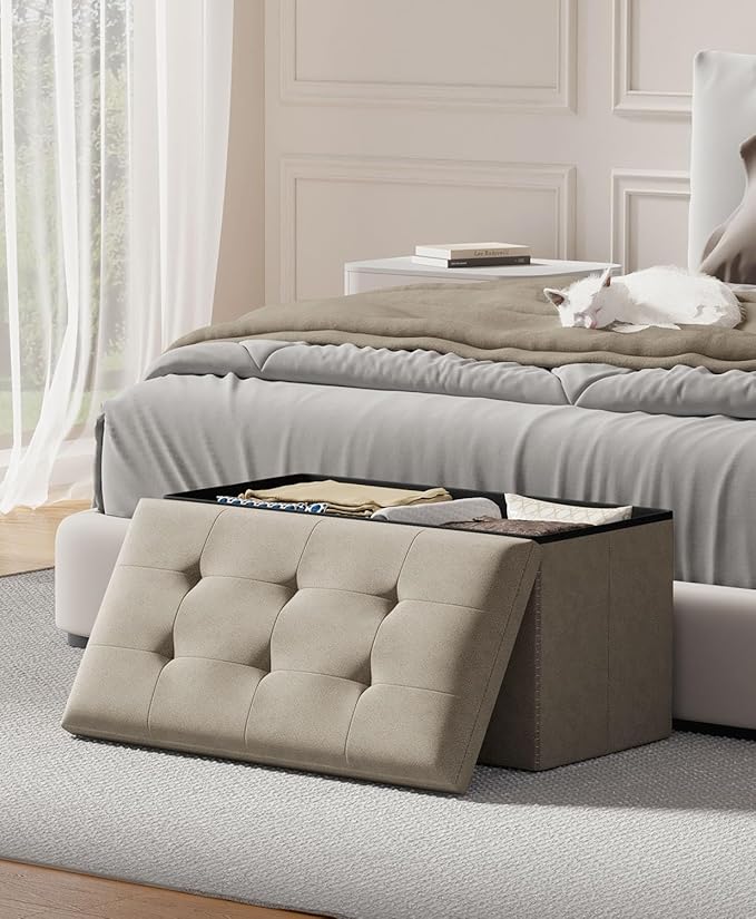 Storage Ottoman Bench, Folding Ottoman Foot Rest,15 x 30 x 15 Inches,End of Bed Bench,Storage Chest, for Living Room, Bedroom, Hallway, Entryway, Holds up to 600 lb (Sandy-Beige1, 30")