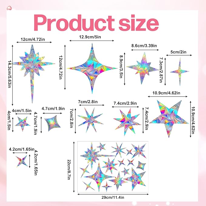 32 Pcs Star Window Clings, Anti Collision Window Decals to Save Birds, Non-Adhesive Rainbow Stickers, Sun Catcher Stickers Aesthetic Decor