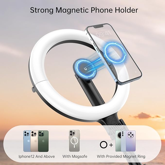 10.2" Magnetic Ring Light with 64" Tripod for iPhone Mag Safe, 5000mAh Rechargeable Ring Light with Stand, 3000k-6500K Phone Tripod with Light for Video, Photography, Live Stream, TikTok, YouTube